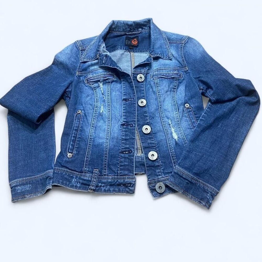 Guess distressed denim jacket with button closure